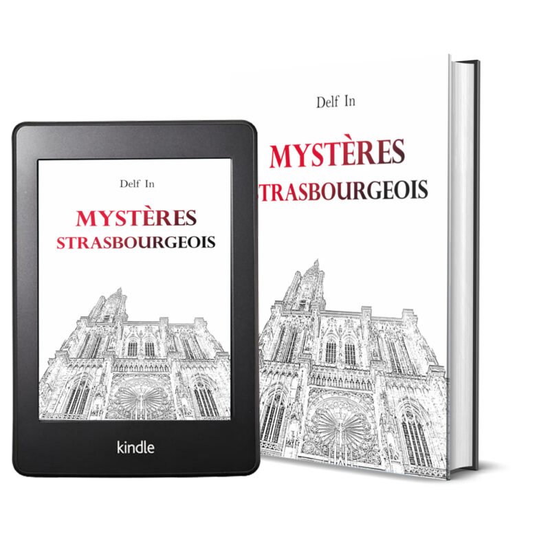 Mock up fiche produit livre Mystères Strasbourgeois représentant le livre papier et une tablette avec l'ebook