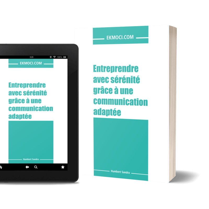 Mock représentant le livre Entreprendre avec sérénité grâce à une communication adaptée de Ekmoci en version papier et ebook